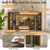 48" Corner Cat Litter Box Enclosure, Modern Hidden Litter Box Corner Cabinet with Acrylic Door and LED Light, Cat House with Playground and Stairs
